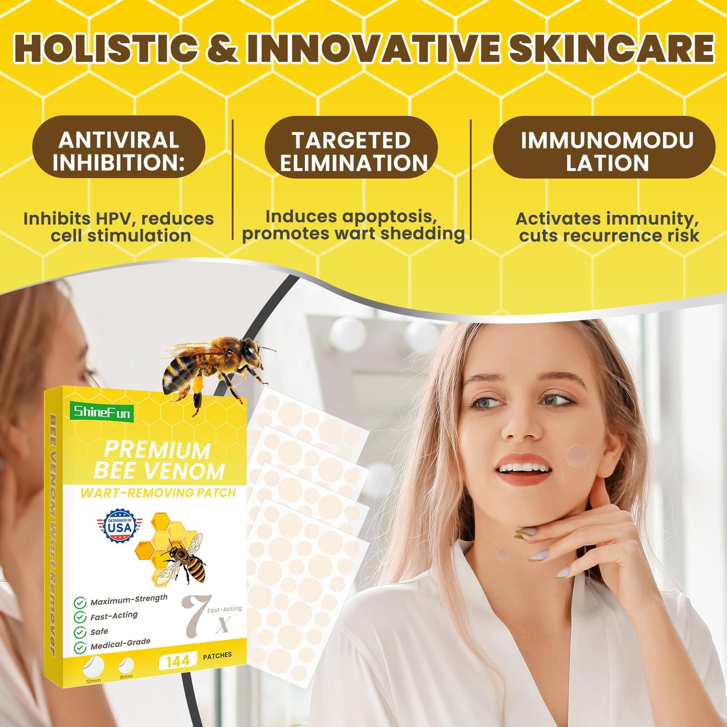 ShineFun Maximum-Strength Bee Venom Wart Remover Patches - Fast-Acting, Painless & Portable | Ideal for Sensitive Skin, Pain-Averse Users & All Skin Tones | 144 Count