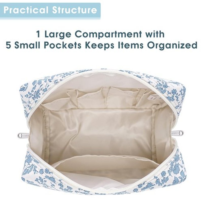 Narwey Cute Floral Makeup Bag Travel Cosmetic Bag Organizer Toiletry Bag Make Up Bags with Organized Pocket for Women (Large, Little Blue Flower)