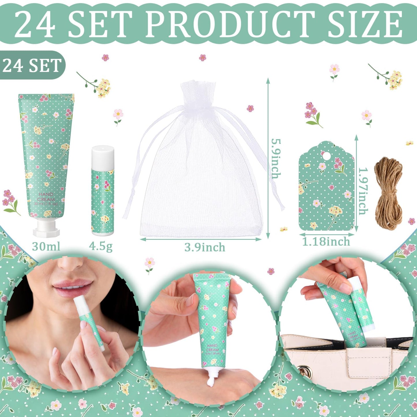 Loopeer 24 Sets / 96 Pcs Tea Party Hand Cream and Lip Balm Gift Flower Spring Party Favors for Guest Floral Flavor Travel Size Hand Lotion and Lip Balm Bulk Wedding Bridal Shower Birthday(Flower)