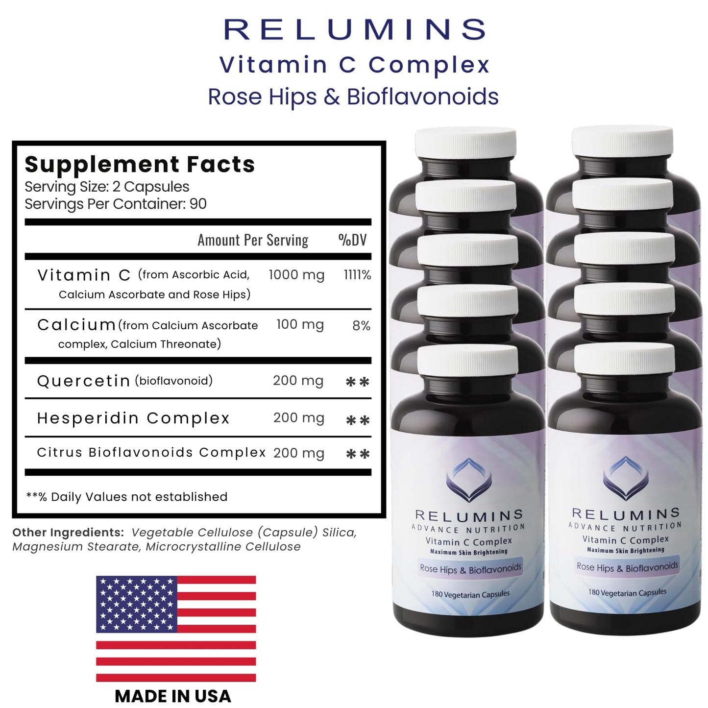 Relumins Advanced Vitamin C Supplement with Rose HIPS - 1000mg of Vitamin C Immune Support & Collagen Production, Made in USA, for a Summer Glow Skin, 180 Capsules x 10 Bottles