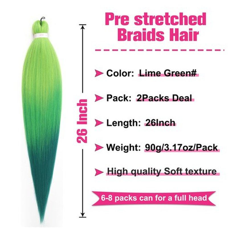 Unionbeauty Pre Stretched Braiding Hair 26 Inch 2Packs Ombre Glow Green Braiding Hair for Boho Box Braids Crochet Braid Yaki Texture Hot Water Setting EZ Braids Hair Extensions Synthetic Braiding Hair