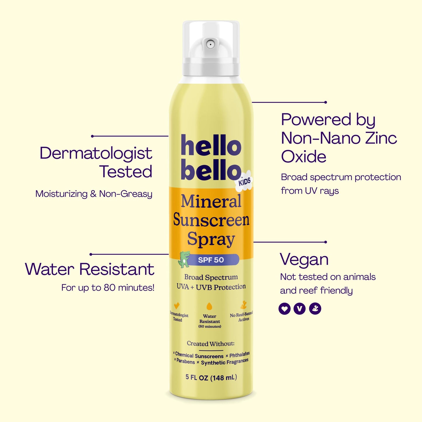 Hello Bello Kids SPF 50 Mineral Sunscreen - 5oz Spray - Water Resistant Broad Spectrum UVA + UVB Protection Sun Protection for Babies and Kids, Reef Friendly, 5 fl oz (Pack of 1)