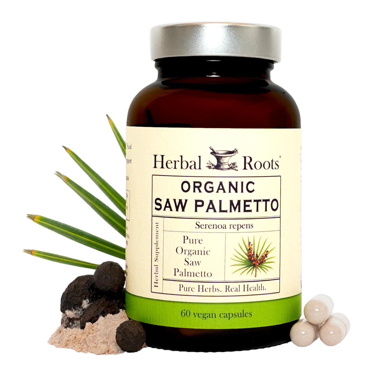 Herbal Roots Organic Saw Palmetto Supplement - Men’s Prostate Health - USDA Certified Organic - 3rd Party Purity Tested - 60 Vegan Capsules
