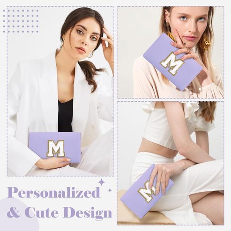 Personalized Makeup Bag Initial A-Z Preppy Patch Bag,Small PU Leather Travel Cosmetic Bag Pouch with Zipper,Purple Cute Toiletry Bag,Gift Ideal for Teen Girls Women Birthday Friend Mom,Latter M