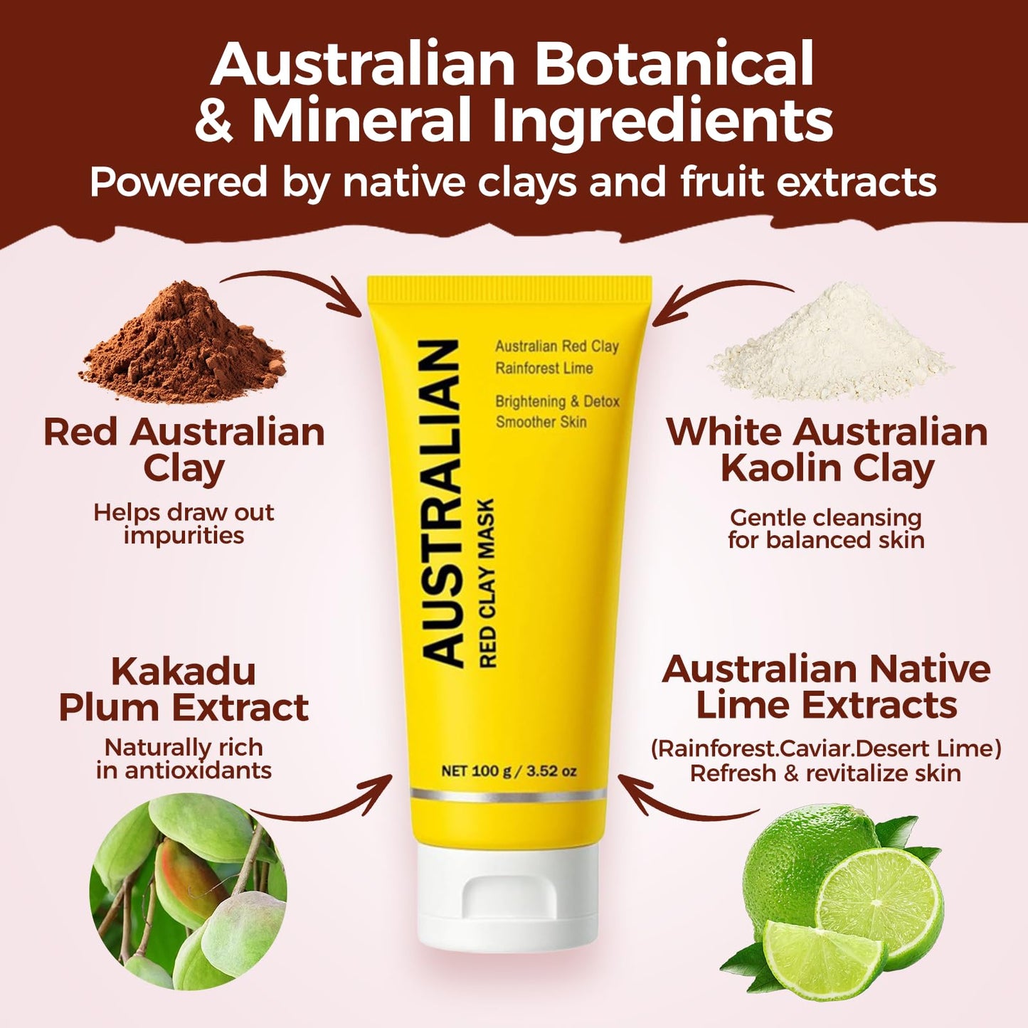 BIWQTY Australian Red Clay Face Mask, Mineral-Rich Detox Mud Mask with Kakadu Plum & Desert and Rainforest Lime Extracts, Gentle Exfoliation, For All Skin Types, 3.52 oz / 100 mL (1 pack)