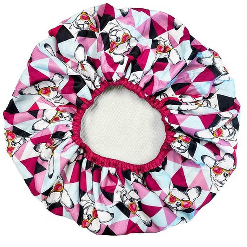 Reusable Nylon Shower Cap & Bath Cap, Reversible Oversized Waterproof Shower Caps Large Designed for all Hair Lengths w Terry Lining & Elastic Band Stretch Hem Hair Hat - Socialite Ay Chihuahua