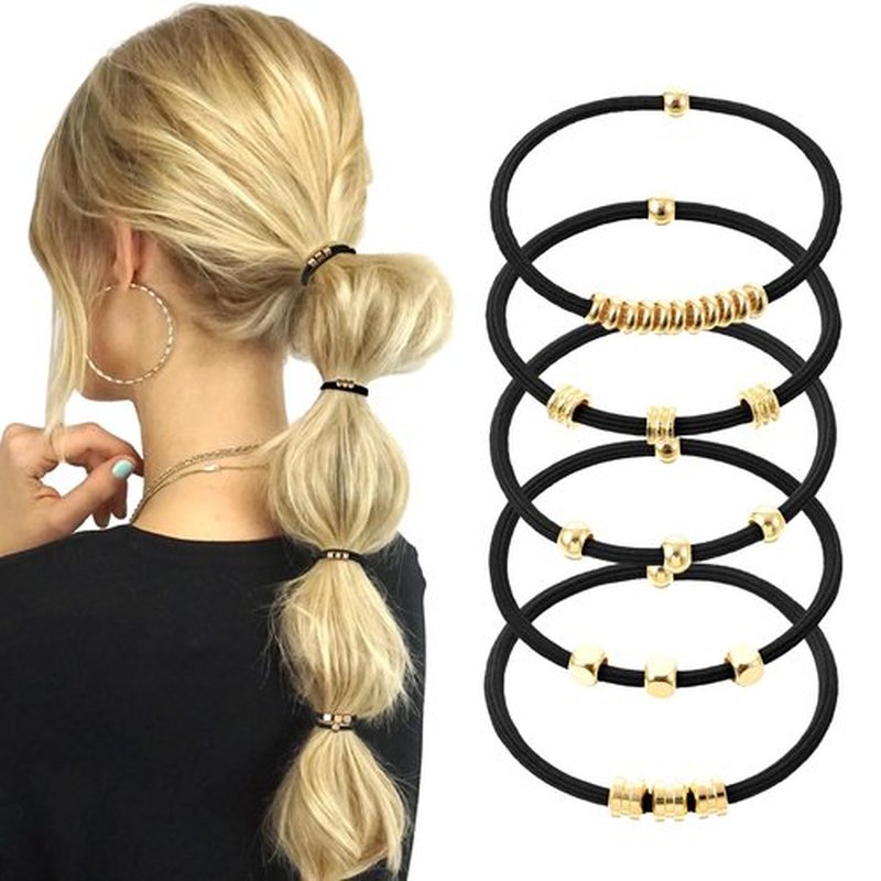 PEOVLVN 5 Pcs Hair Tie Bracelets for Women, Boho Hair Ties No Damage Elastic Hair Ties Cute Bracelet Hair Ties with Bead Ponytail Holders Hair Bands for Women Girls Hair Accessories (Black)