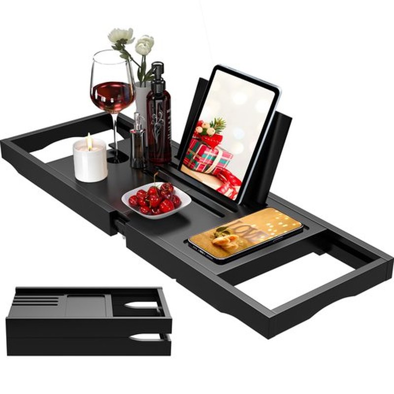 Premium Bathtub Caddy Tray,Expandable Bamboo Bath Tray for Tub,Foldable Minimalist Bathroom Accessories with Book Stand for Home Spa Relaxing,Unique House Warming Gifts,Black