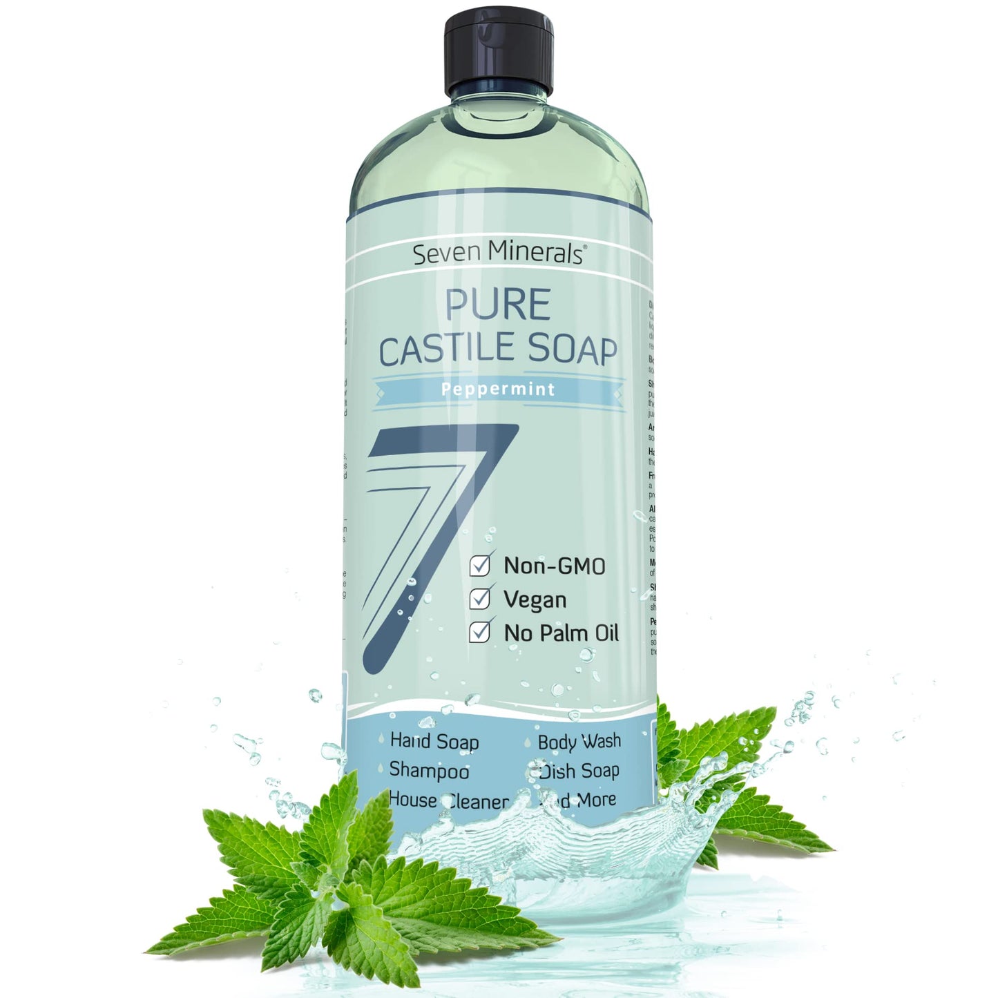 Seven Minerals Pure Castile Soap, Peppermint - No Palm Oil, GMO-Free - Gentle Liquid Soap For Sensitive Skin & Baby Wash - All Natural Vegan Formula with Organic Carrier Oils (33.8 fl oz)