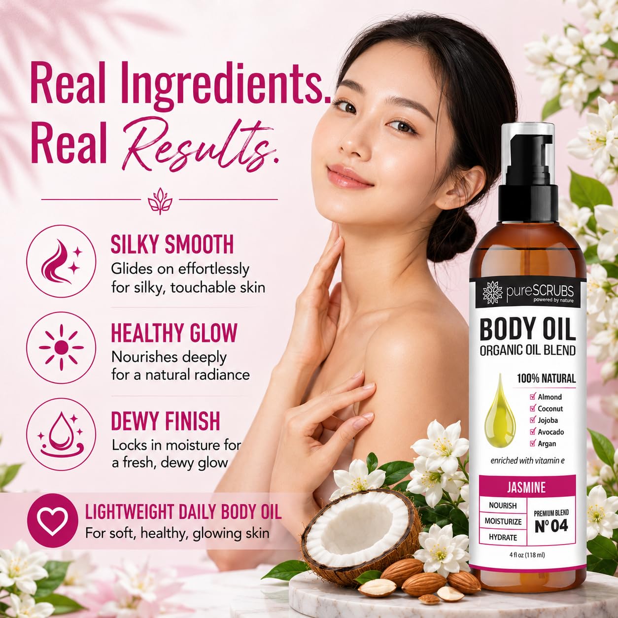 pureSCRUBS Ultra Moisturizing Jasmine Body Oil for Dry Skin, Lightweight Full Body Moisturizer for Soft, Silky Skin, Massage & Cuticle Oil, Vitamin E Enriched, 4 oz