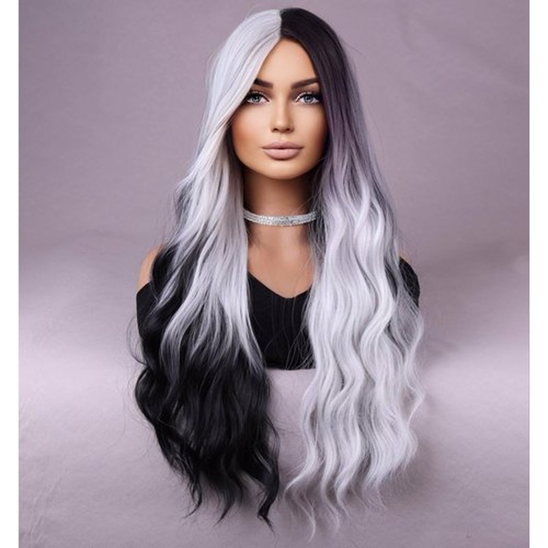 BERON Black and Silver Wigs Long Wavy Wig for Women Natural Curly Ombre Color Heat Resistant Synthetic Hair Wigs for Cosplay Party Daily or Used