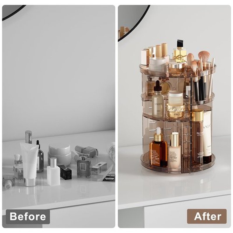 Rotating Makeup Organizer Countertop, DIY Adjustable Trays Spinning Skincare Organizers, Cosmetic Display Shelf with Perfume & Brush Holder, Multi-Function Desk Storage Carousel for Vanity Bathroom