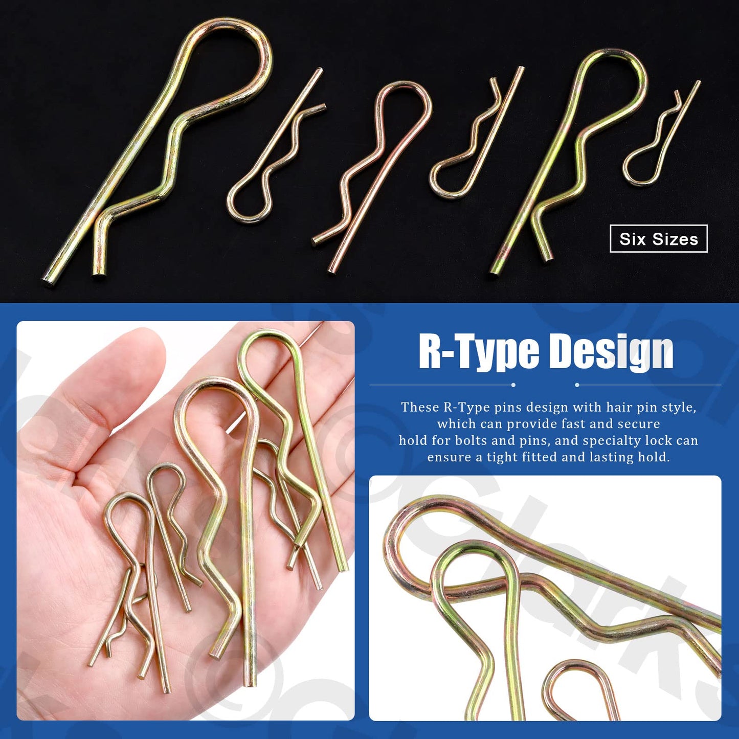 Glarks 175Pcs Hairpins R Clips Cotter Pins Assortment Kit 6 Sizes Zinc Plated Carbon Steel R Pin Hair Pin Clips Spring Fasteners for Hitch Pin Lock Systems