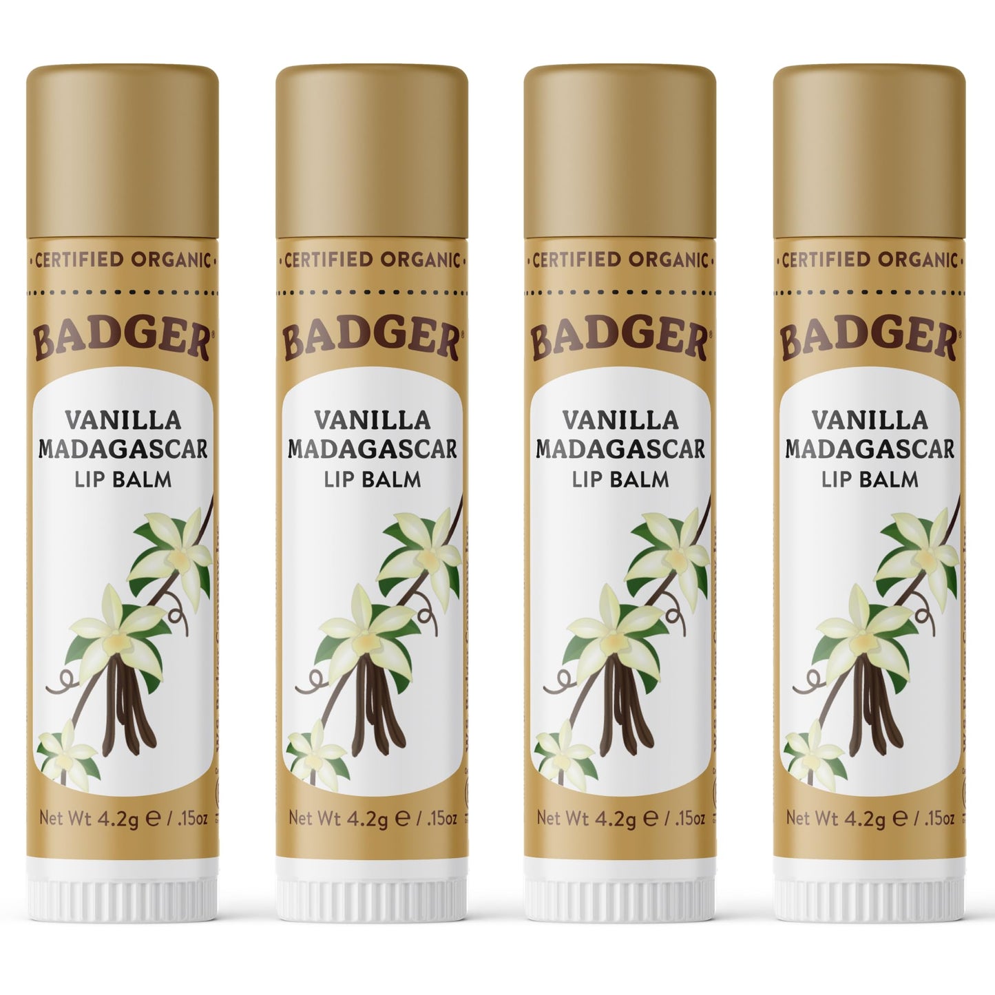 Badger Vanilla Madagascar Classic Lip Balm, 100% Organic Lip Balm, Long Lasting Lip Care w/Light Silky Texture, Comforting & Relaxing, 4 Pack