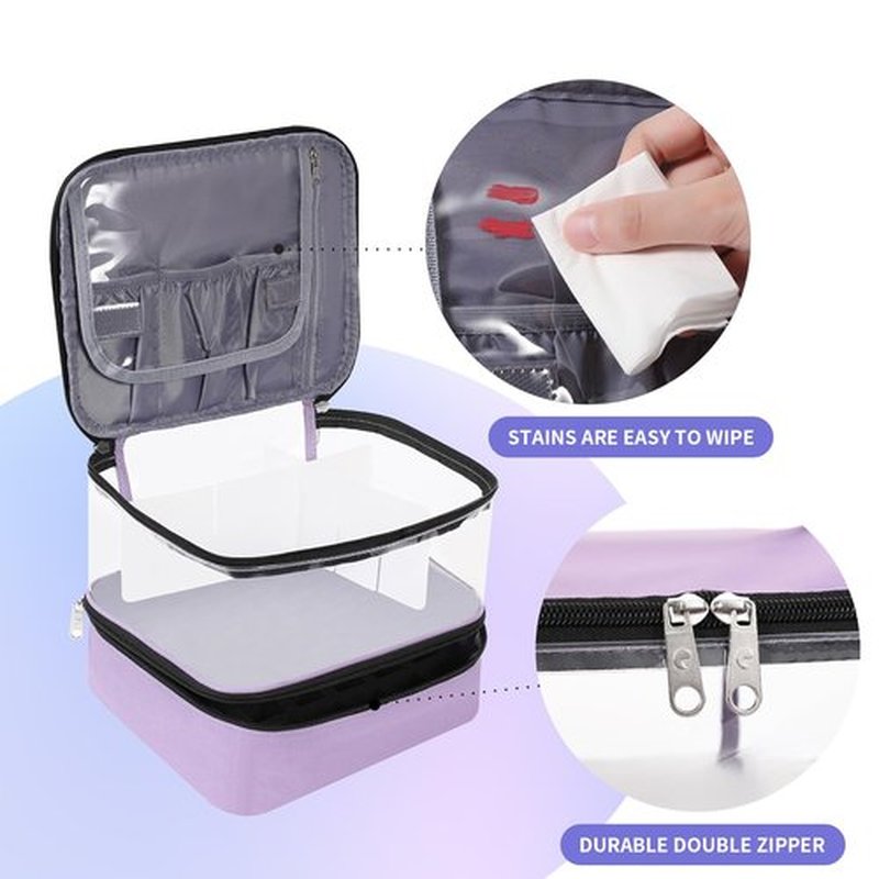 Clear Nail Polish Organizer Double layer Nail Polish Holds 30 Bottles and Nail Lamp, Nail Dryer Case Storage Supplies with Adjustable Dividers, Portable Nail Carrying Bag for Nail Tech (Purple)