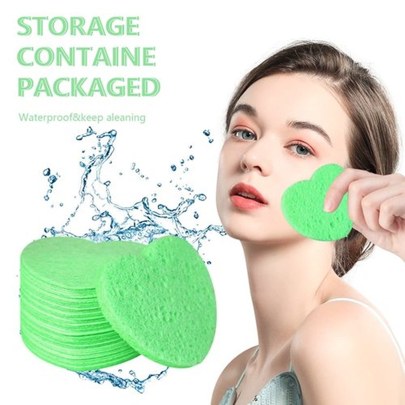 100-Count Compressed Facial Sponges for Estheticians Heart Shape Natural Cellulose Sponge Professional Cosmetic Spa Sponges for Face Cleansing, Massage, Pore Exfoliating, Mask, Makeup Removal, Green