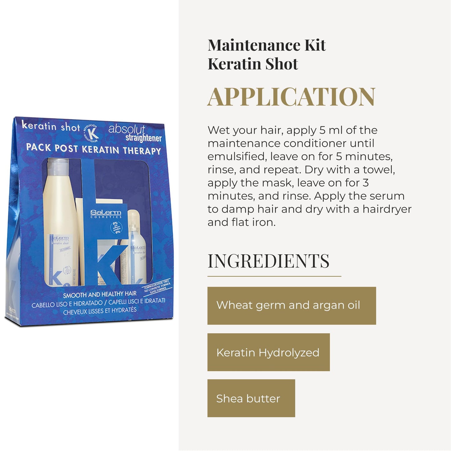 SALERM - Post Keratin Straightening - Keratin Shot Maintenance Kit with Shampoo 500 ml + Mask 200 ml + Serum 100 ml - Smooth and Hydrated Hair - Prolongs Straightening Results for 3 Months