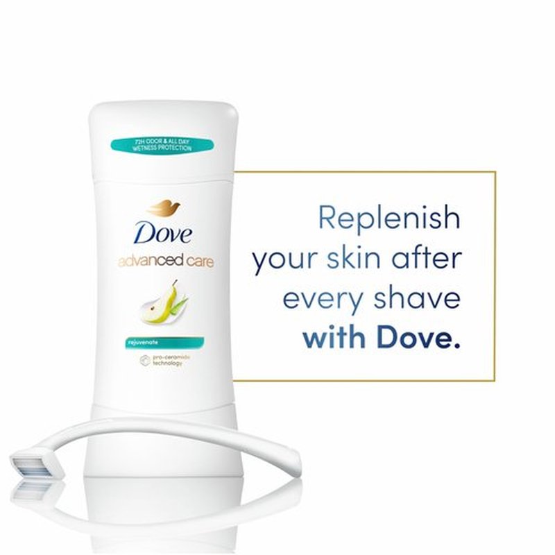 Dove Advanced Care Antiperspirant Deodorant Stick Rejuvenate 4 Count to help skin barrier repair after shaving by boosting skin's ceramide levels 72-hour odor control for soft underarms 2.6 oz