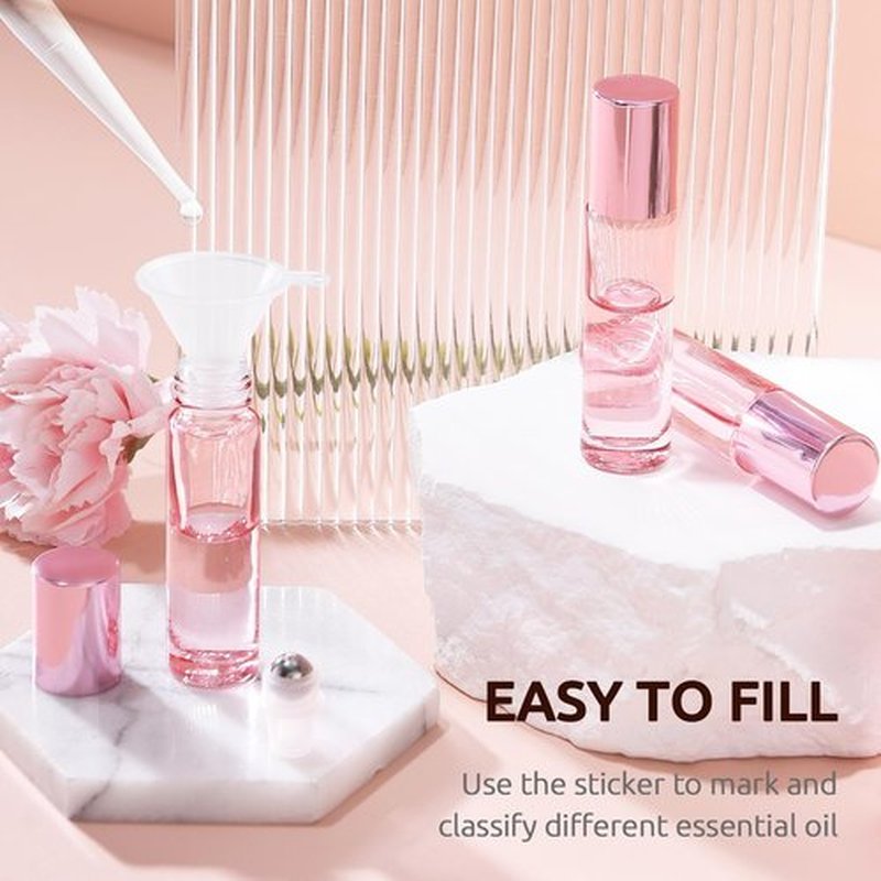 4 Pack, Essential Oil Roller Bottles, Pink Glass Roller Balls for Essential Oils, 10ml Empty Rollerball Bottles for Travel Refillable Roll on Perfume Bottles with Pink Caps