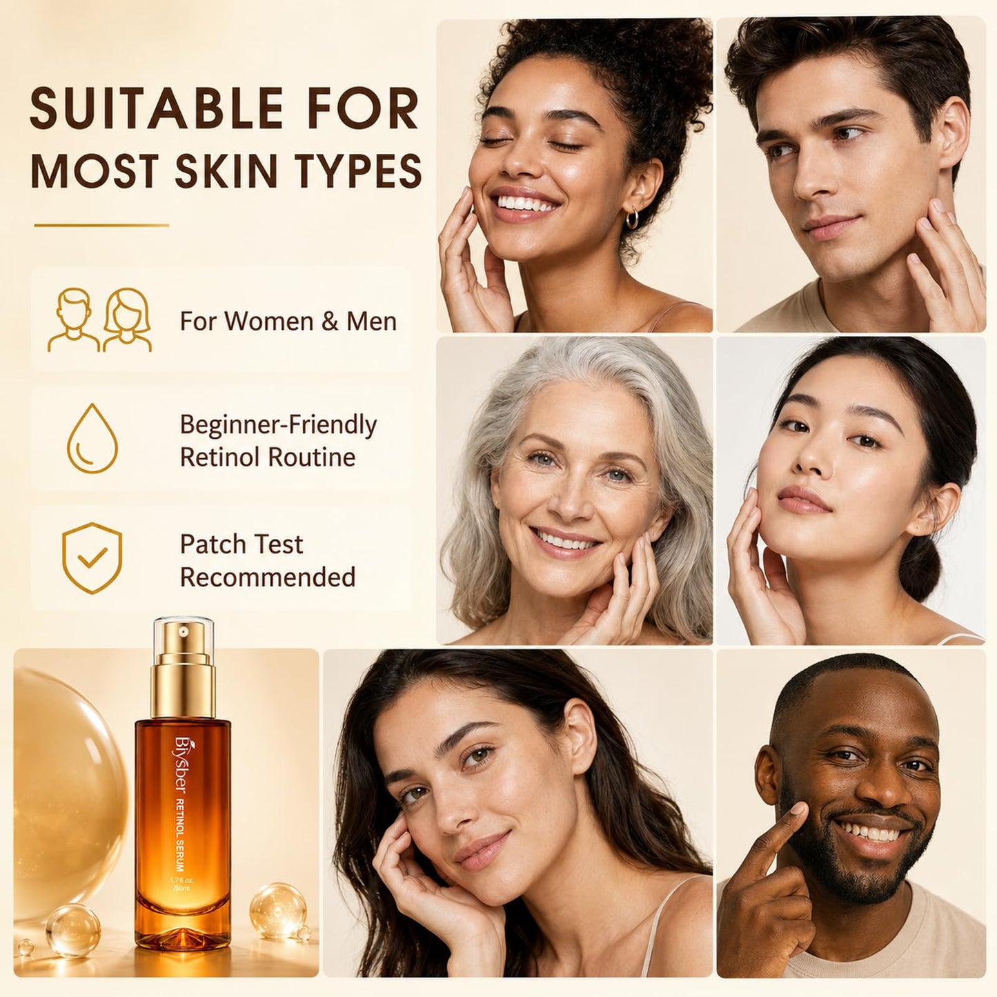 BIYSBER Retinol Collagen Serum for Face: Anti Aging & Anti Wrinkle Repair Peptide Serum - Day/Night Facial Firming Neck Plump Skin Care for Women/Men (1.69 Fl Oz)