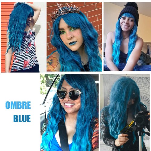 WTHCOS Blue Wig for Women Long Curly Wavy Blue Wig With Bangs Mixed Blue Wig Heat Resistant Synthetic Wig with Wig Cap (Mix Blue)