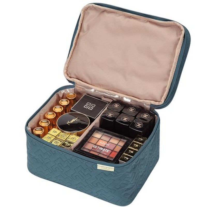 NISHEL Large Double Layer Travel Makeup Bag Women, Large Cosmetic Case, Organizer for Travel-Size Accessories Bottles, Brushes, Conditioner, and Skin Care Products, Lake Blue