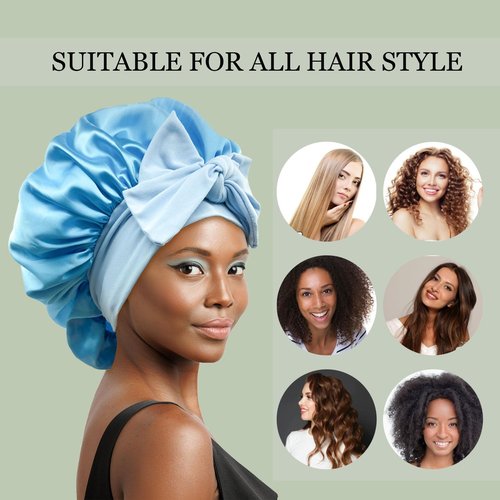 Satin Bonnet Silk Bonnet Hair Bonnet for Sleeping Large Bonnets with Tie Band Hair Wrap with Adjustable Straps Hair Cap Night Sleep Caps for Women Curly Braid Hair Sky Blue