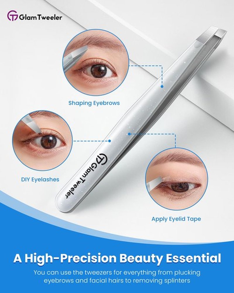 Expert Slant Tip Tweezers with Leather Case, GlamTweeler Sharp & Precision Stainless Steel Tweezer for Eyebrows, Facial Hair and Fine Hairs Removal (Sparkle Silver)