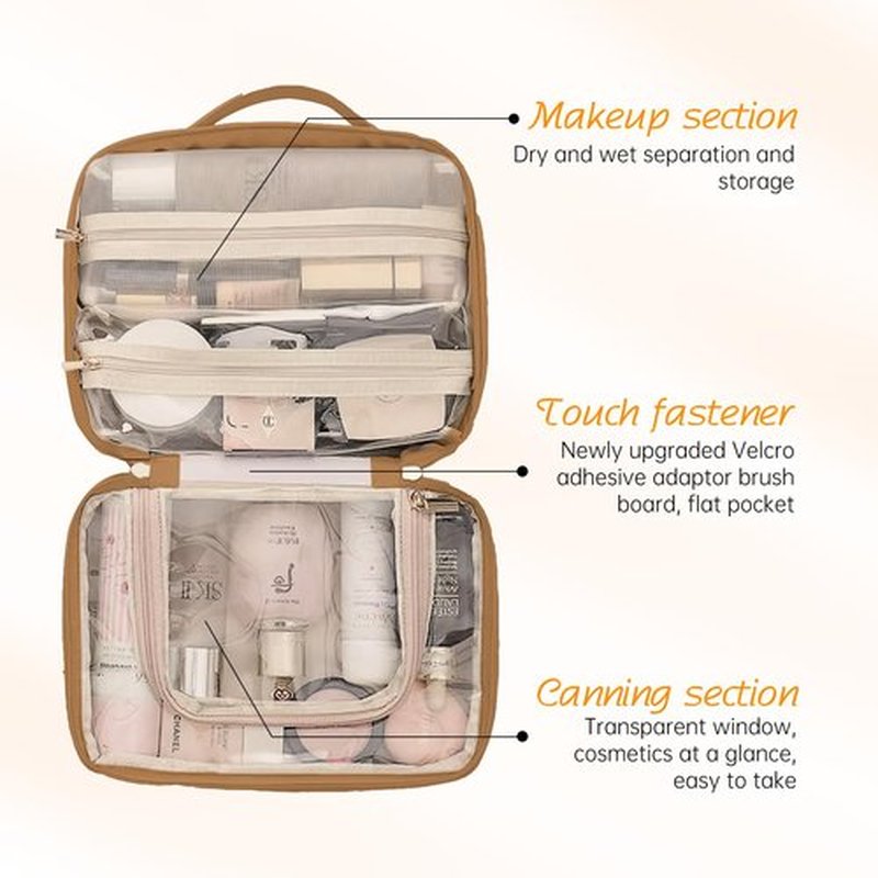 Doblopup Multi Compartment Toiletry Cosmetic Bag, PU Large makeup bag with compartments, Set Patient Multi Compartment Toiletry Cosmetic Bag For Women Girls Travel makeup bag with compartments (brown)