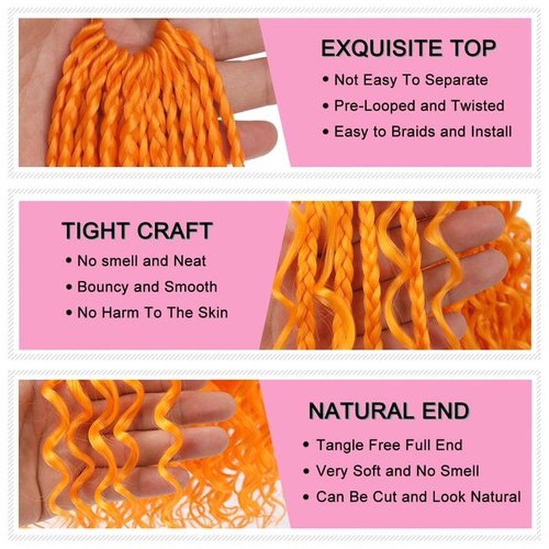 COOKOO 14 Inch Boho Box Braids Crochet Hair for Women 8 Packs Synthetic Bohemian Pre Looped Goddess Box Braids Crochet Hair Curly Ends Hippie Braiding Hair Extension (Orange#)