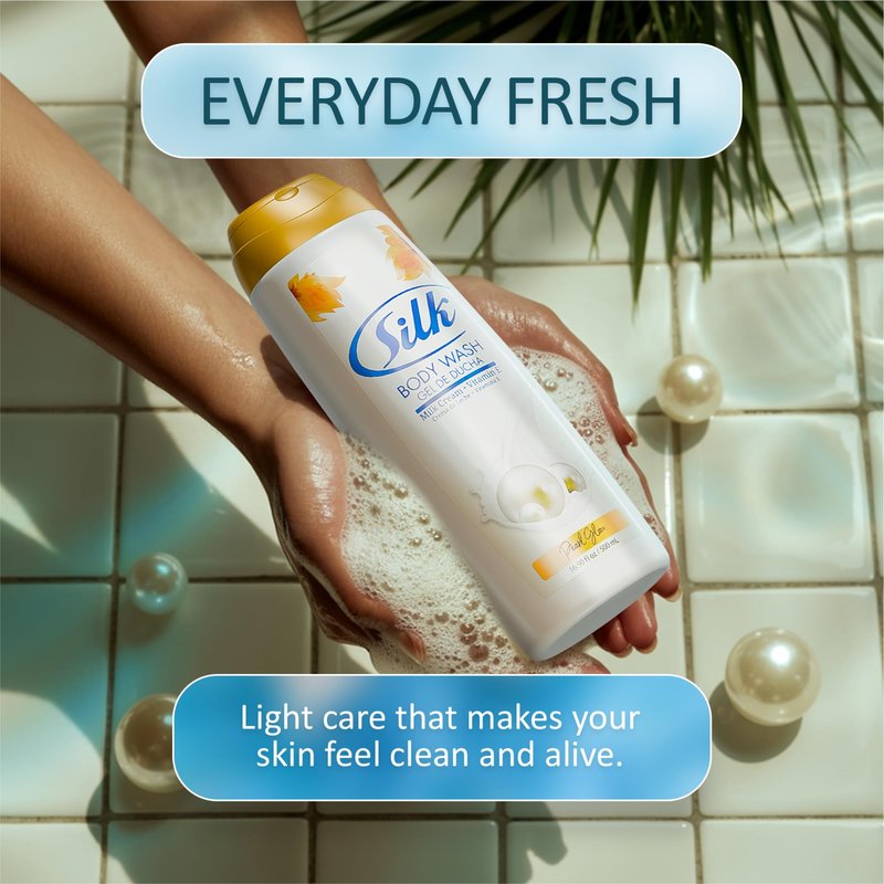 SILK Moisturizing Body Wash for Woman & Man - Daily Hydrating Shower Gel and Foaming Cleanser with Vitamin E and Glycerin, Rich Lather for Dry Skin Care, Pearl Glow Scent, 16.9 Fl Oz