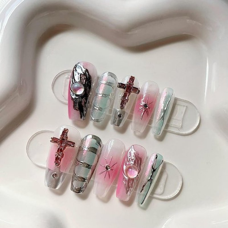 GlimightyX 3D Handmade Press On Nails Medium, Y2K Cyber Pink Chrome Press On Nails with Nail Glue, Reusable UV Gel Cured Sturdier Fake Nails, Size S 10 Nail Kit,Baby Chrome