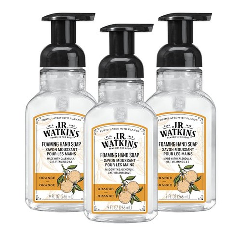 J.R. Watkins Foaming Hand Soap Pump with Dispenser, Moisturizing All Natural Hand Soap Foam, Alcohol-Free, Cruelty-Free, USA Made, Use as Kitchen or Bathroom Soap, Orange, 9 fl oz, 3 Pack