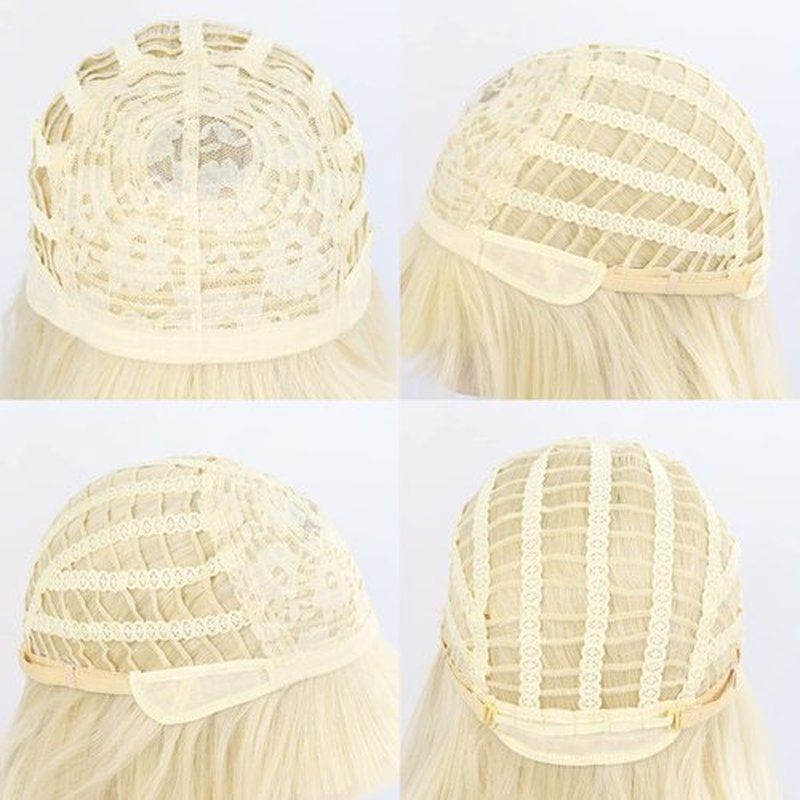 Ebingoo 14 Inches Blonde Bob Wig for Women+ Wig Cap Short Blonde Wig with Bangs Straight Platinum 613 Blonde Wig for Halloween Cosplay Synthetic Wig for Daily Wear Party