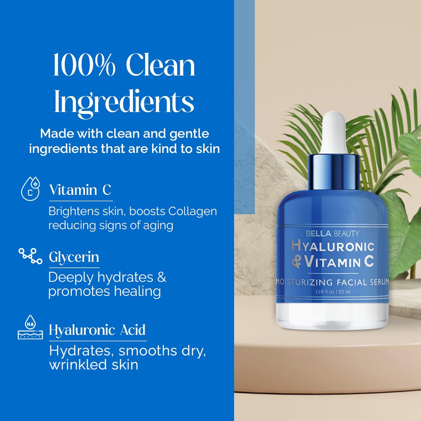 Bella Beauty Hyaluronic Acid & Vitamin C Moisturizing Facial Serum - Hydrating, Reduces Wrinkles & Fine Lines, Boosts Collagen - Dermatologist Tested, Korean Skin Care for All Skin Types - 1.69 Fl. Oz