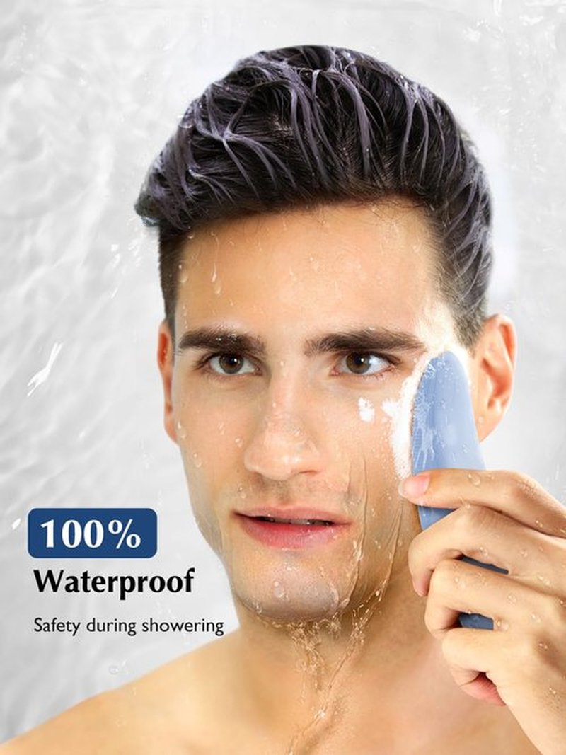 Facial Cleansing Brush Silicone Face Scrubber: COSLUS IPX7 Waterproof Rechargeable Wash Brush, 4 Modes with Eye Protection, Electric Sonic Cleanser for Cleaning, Exfoliating, Massaging, Blue