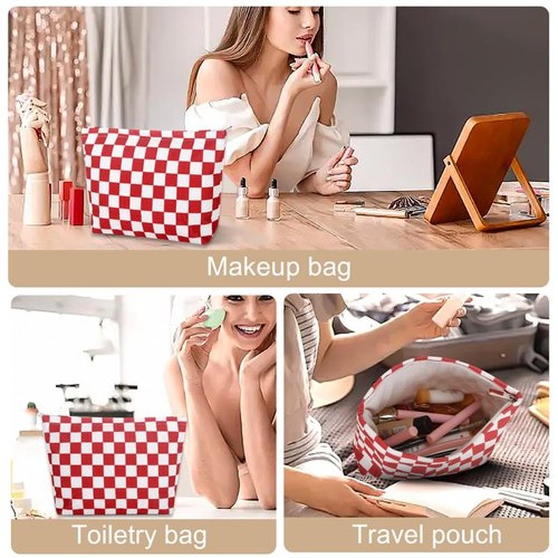 Wudimeitt Cosmetic bag Makeup bag Preppy Cute Corduroy Toiletry bag for women travel essentials (Plaid red)