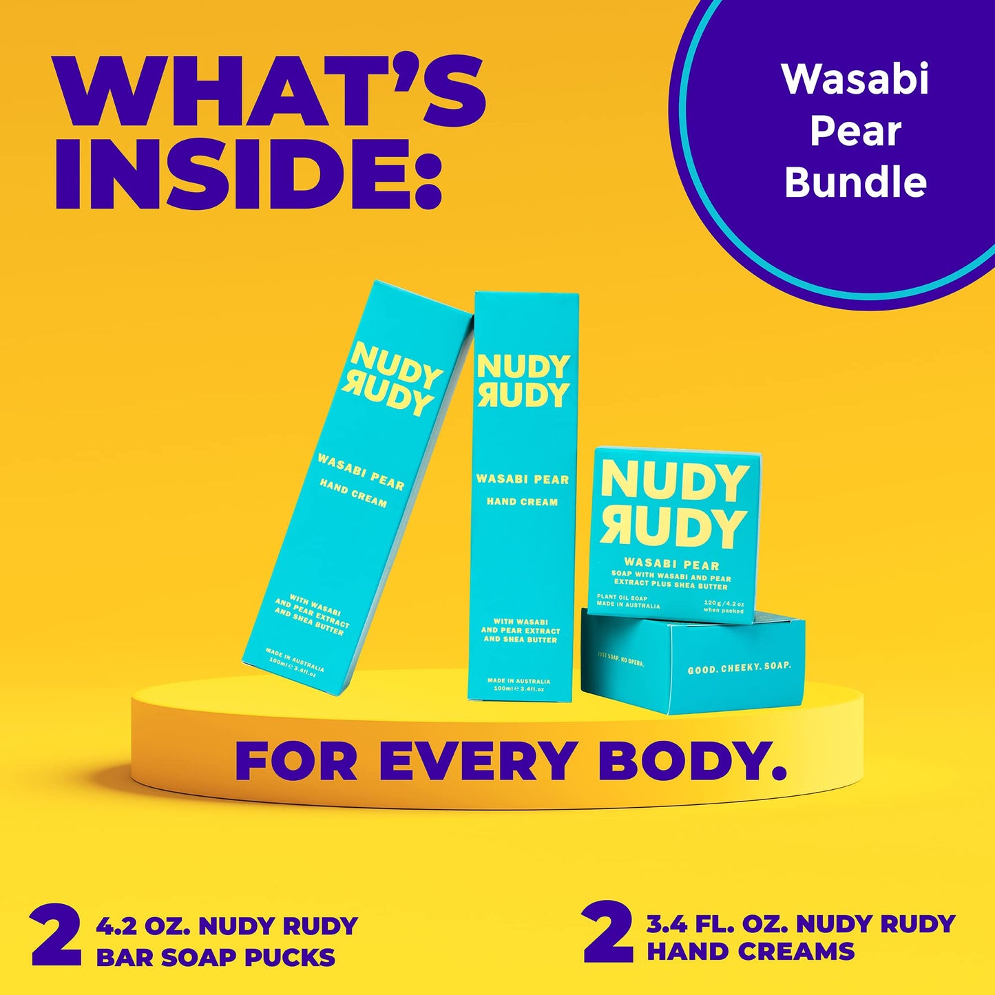 Nudy Rudy - Wasabi Pear - Hand Cream & Soap Puck Bundle - Organic Shea Butter - Natural - Non-Greasy - Moisturizer - Lotion - Hand Soap - Body Wash - All Skin Types - Skin Care - Men & Women - 4 Pack