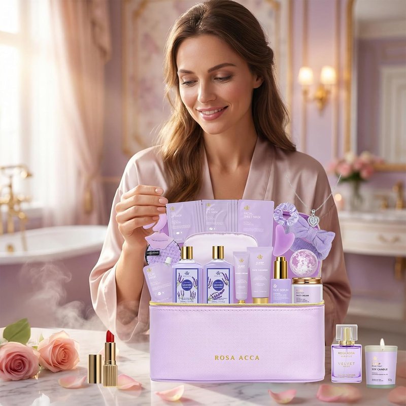 Lavender Bath & Body Gift Basket Set - 25 Pcs Hydrating Skin Care for Women | Self-Care Spa Gifts, Necklace Included