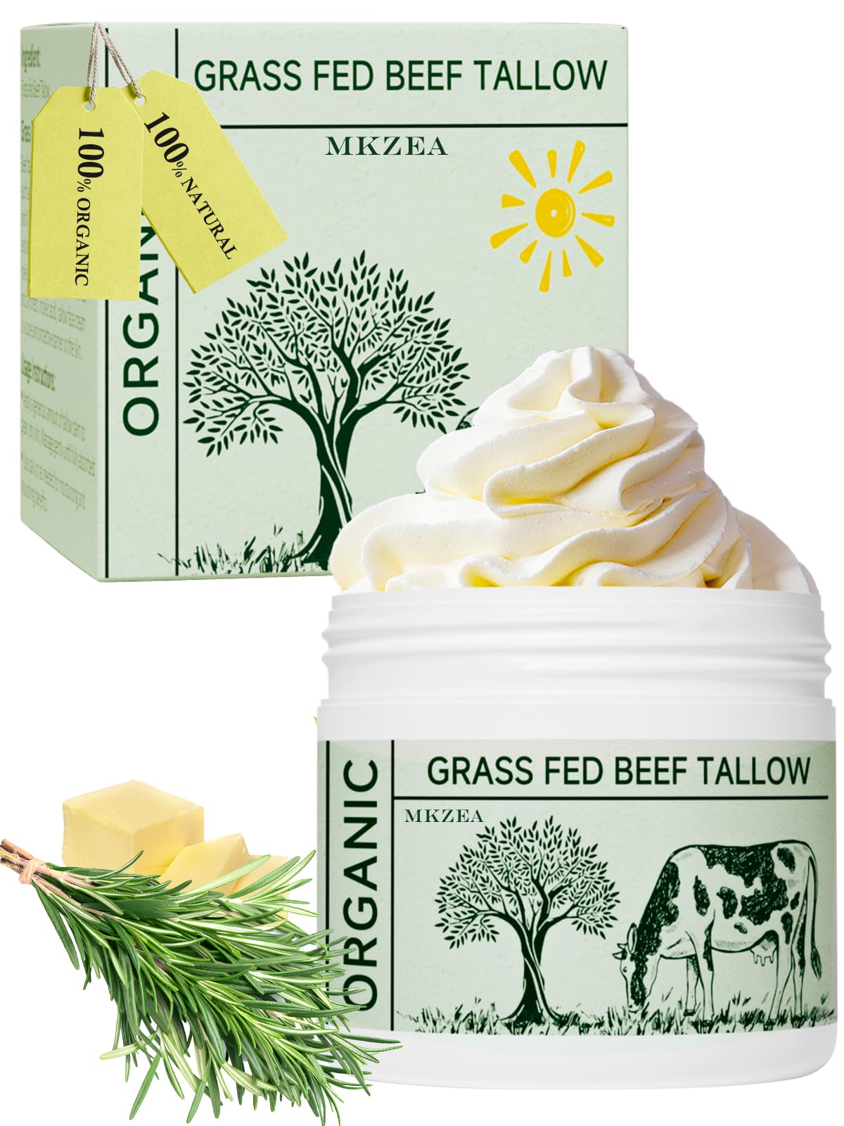 Beef Tallow, Tallow Face Moisturizer, Beef Tallow for Skin, Unscented 100% Organic Beef Tallow Blam Grass Fed Finished Whipped Tallow Face Cream Moisturizer Body Lotion Skin Care for Sensitive Skin