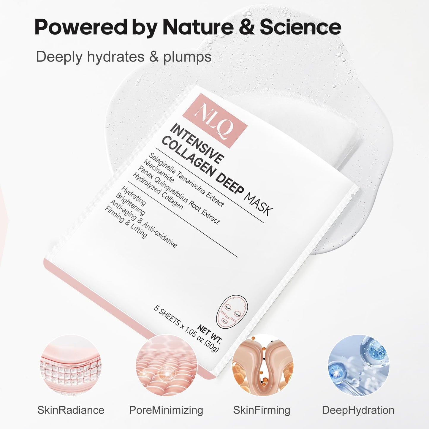 NLQ Intensive Collagen Deep Mask Skincare, Hydrating Overnight Face Mask for Glass Skin, Pore Refining, Firming & Plumping, Travel Essentials and Beauty Care Gifts for Women | 1.05oz(30g) x 5ea