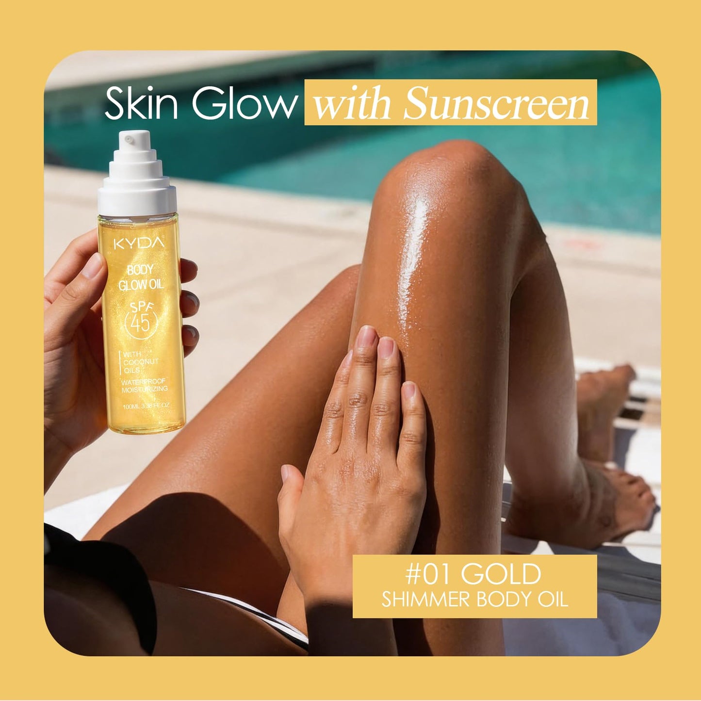 FREEORR SPF 45 Body Glow Oil, Travel Size Sunscreen Oil with Gold Mica, Moisturizing Coconuts Summer Sunscreen, Lightweight Sun-kissed Glow Skin Illuminator, Water Resistant, 3.38 fl oz, GOLD