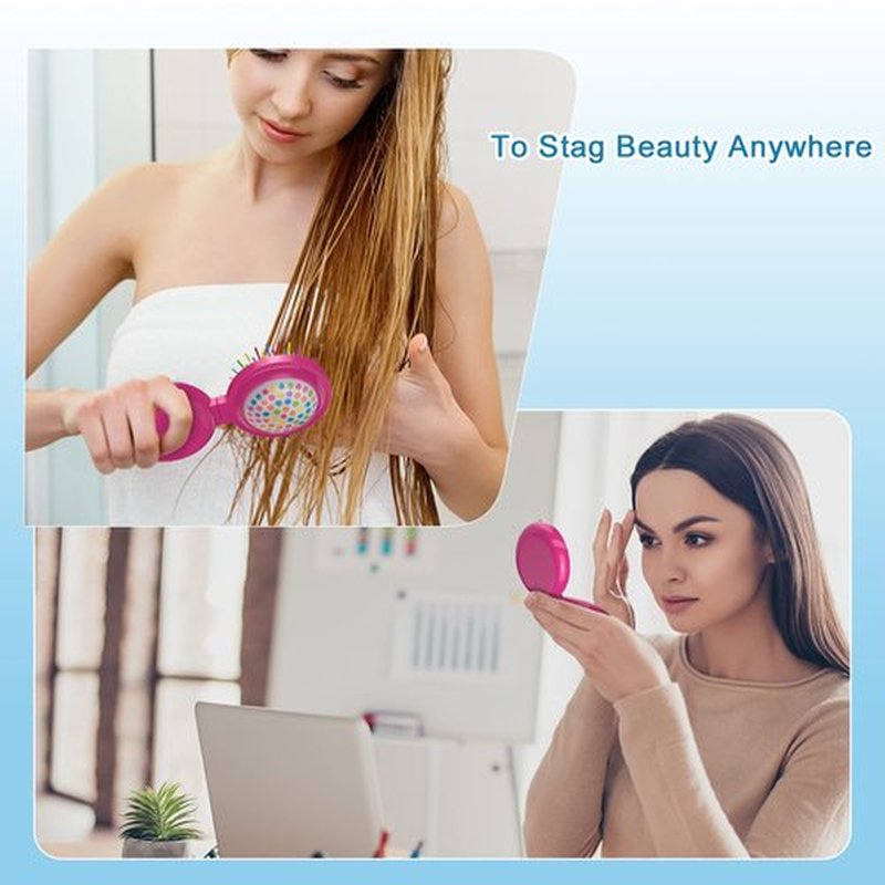ONLYFU Hair Brush, 8 Pcs Folding Travel Mirror Hair Brushes Round, Compact Portable Hair Brush with Mini Mirror for Women Girls