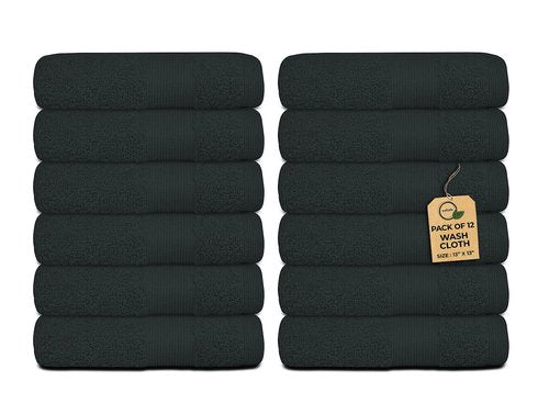 Premium Wash Cloths Pack of 12 (13" x 13" Inches)- 100% Combed Ring Spun Cotton WashCloth - Luxury Washcloths – Ultra Soft Face Towels - Highly Absorbent Wash Cloth for Face (Black)