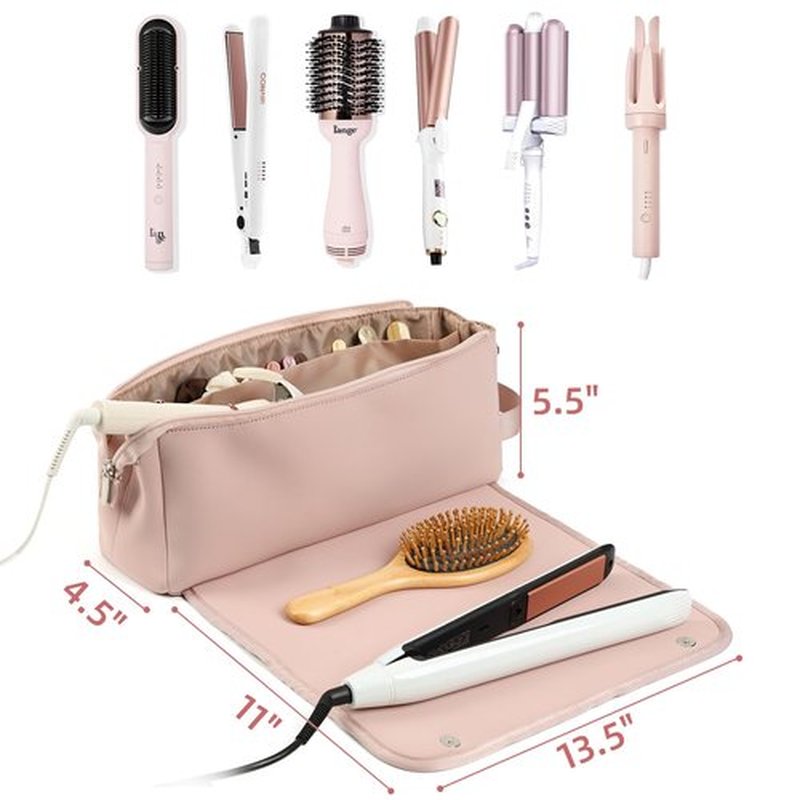 FINDCOZY Hair Tools Travel Bag, Hair Accessory Organizer with Heat Resistant Mat for Curling Iron, Hair Straighteners and Styling Tools, Travel Essentials for women, Pink