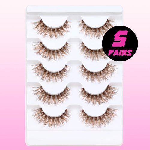 Veleasha Brown Lashes Cat Eye Lashes Wispy Faux Mink Lashes 100% Handmade Natural Look False Eyelashes with Clear Band Lightweight Fluffy False Eyelashes 5 Pairs Pack(Brown02)
