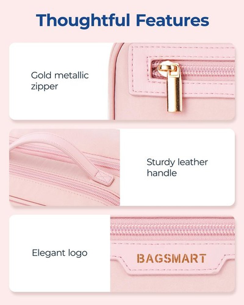 BAGSMART Travel Makeup Bag Large Capacity Cosmetic Bag, Wide-open Portable Make Up Bag Organizer for Women for Travel Essentials Travel-Size Toiletries Accessories Bottles, Brushes, Pink