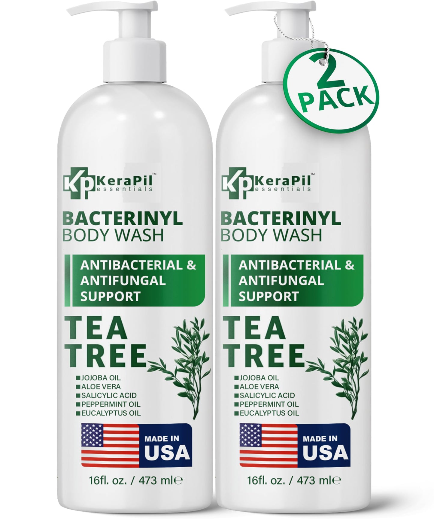 KERAPIL Bacterinyl Tea Tree Oil Body Wash - Antibacterial & Antifungal Support for Ringworm, Body Odors, Athlete’s Foot & Acne, Helps Soothe Itchy, Dry Skin - Made in USA (16 fl oz x 2)