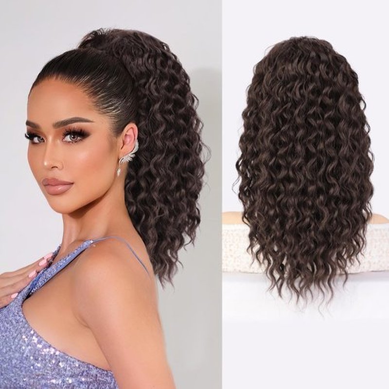 AISI BEAUTY Brown Ponytail Extension Curly Drawstring Ponytail for Black Women Full Fake Ponytail 18 Inch Synthetic Curly Pony Tails Hair Extensions(Reddish Brown)