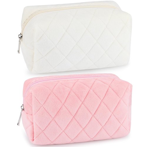 ZLFSRQ 2Pcs Makeup Bag for Women Travel Medium Pink White Cosmetic Bag Set Cute Argyle Preppy Makeup Pouch Purse Zippered Toiletry Bag Organizer Cute Y2K Trendy Aesthetic Makeup Brushes Storage Bag